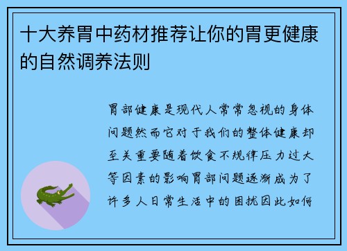 十大养胃中药材推荐让你的胃更健康的自然调养法则