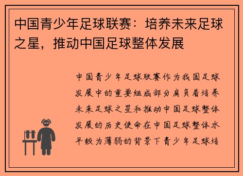 中国青少年足球联赛：培养未来足球之星，推动中国足球整体发展