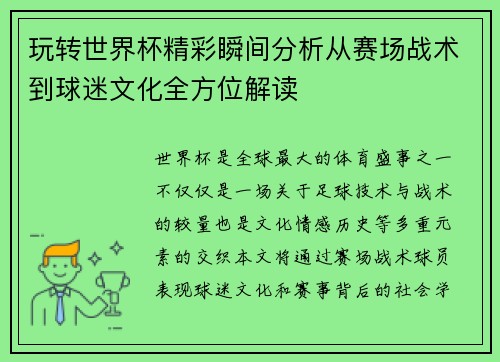玩转世界杯精彩瞬间分析从赛场战术到球迷文化全方位解读